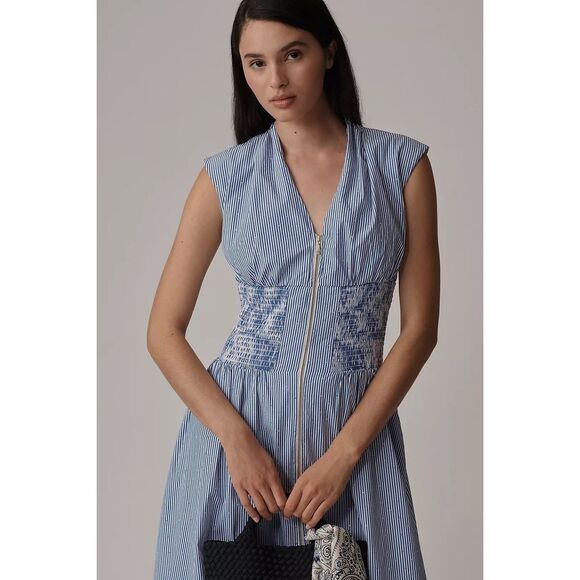 Anthropologie Tommie Cap-Sleeve Smocked Front-Zip Shirt Dress Shine Edition XS - Picture 2 of 5